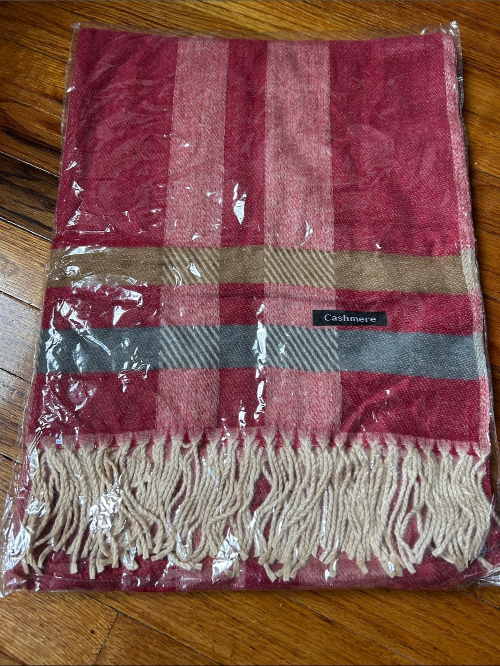 Cashmere Plaid Fringe Scarf in Red and Beige